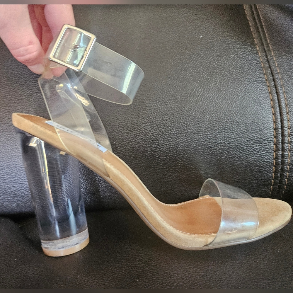 Steve Madden Clear Column Heel open toe see through ankle strap sandals  9.5